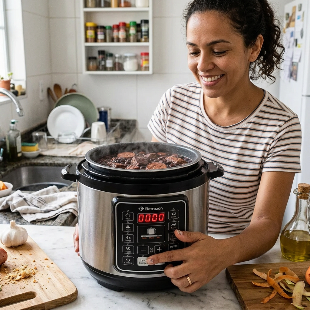 Mujer usando la olla a presión LisiHome en su cocina
