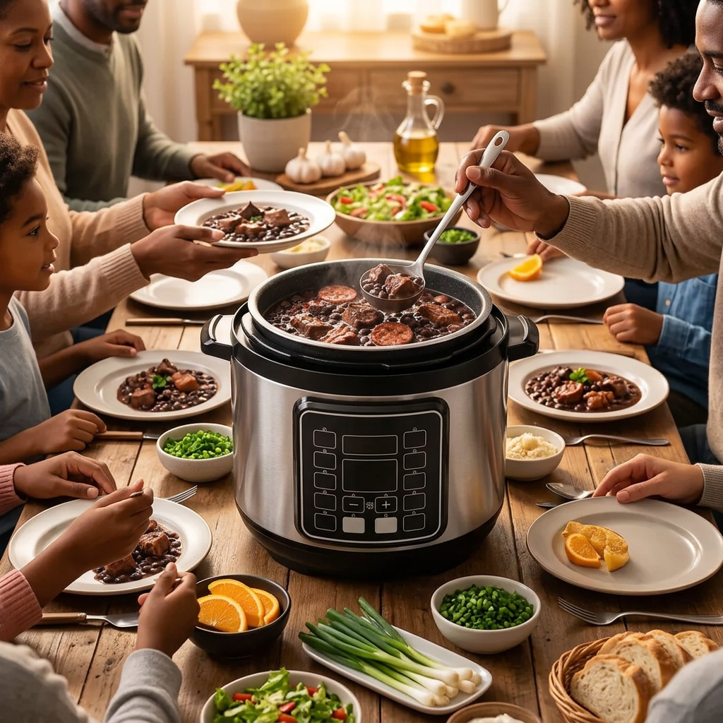 Familia numerosa sirviéndose de la olla a presión LisiHome de 6L